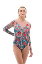 This file presents sustainable tan-through smart swimsuits adorned with a whimsical Fayritail print. Featuring a one-piece swimsuit design with sleeves, it combines sophistication with a touch of fantasy