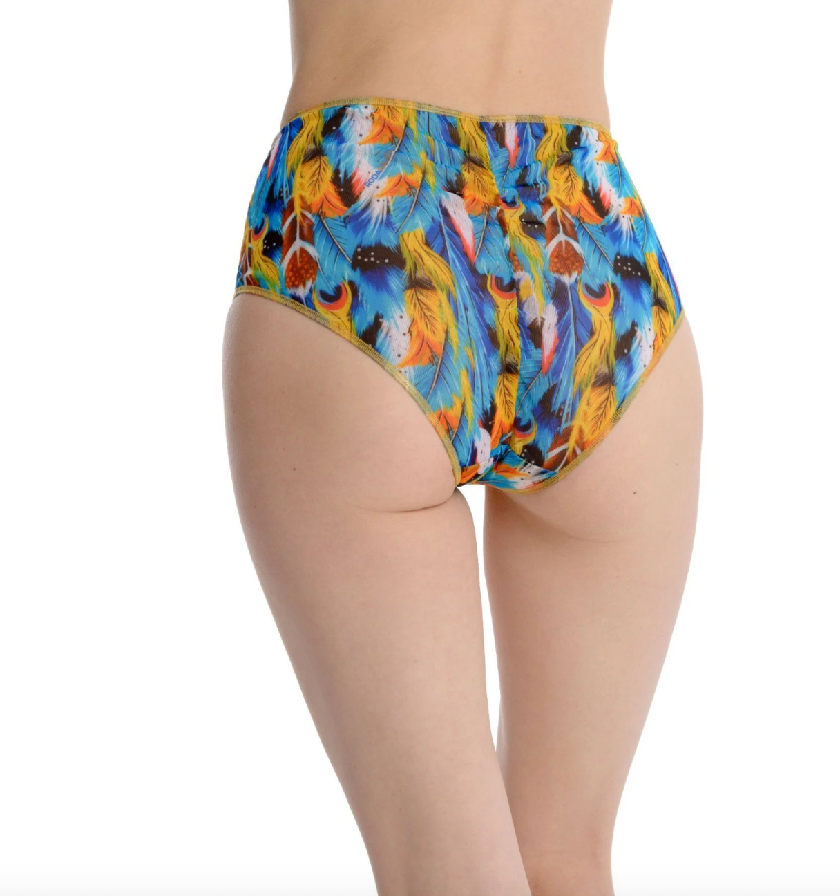 This file showcases award-winning sustainable smart swimsuits adorned with a stylish feather print. With a high waist bikini design and SPF 35 protection, it offers both fashion and eco-consciousness