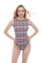 Explore Marrakesh print sleeveless swimsuits with SPF35 protection, embodying classic luxury and sustainability. Click now to discover our innovative tan-through swimwear collection.