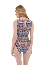  Explore our Marrakesh print sleeveless swimsuit, offering SPF35 protection. Embrace classic luxury and sustainability. Click now to discover our innovative tan-through swimwear collection.