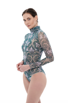 Explore our range of sustainable smart swimsuits featuring the Iriss print. With built-in SPF35 protection, sleeves, and a zipper, it offers both style and functionality. Shop now for classic luxury