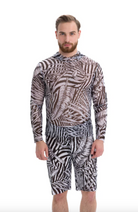 Explore our men's sustainable swimwear collection featuring a Zebra print beach t-shirt with a hood and SPF35 protection. Enjoy classic luxury, eco-friendly design, and superior sun protection. Shop now!