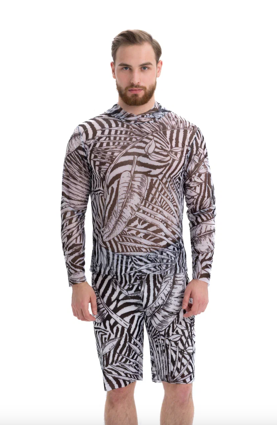 Explore our men's sustainable swimwear collection featuring a Zebra print beach t-shirt with a hood and SPF35 protection. Enjoy classic luxury, eco-friendly design, and superior sun protection. Shop now!