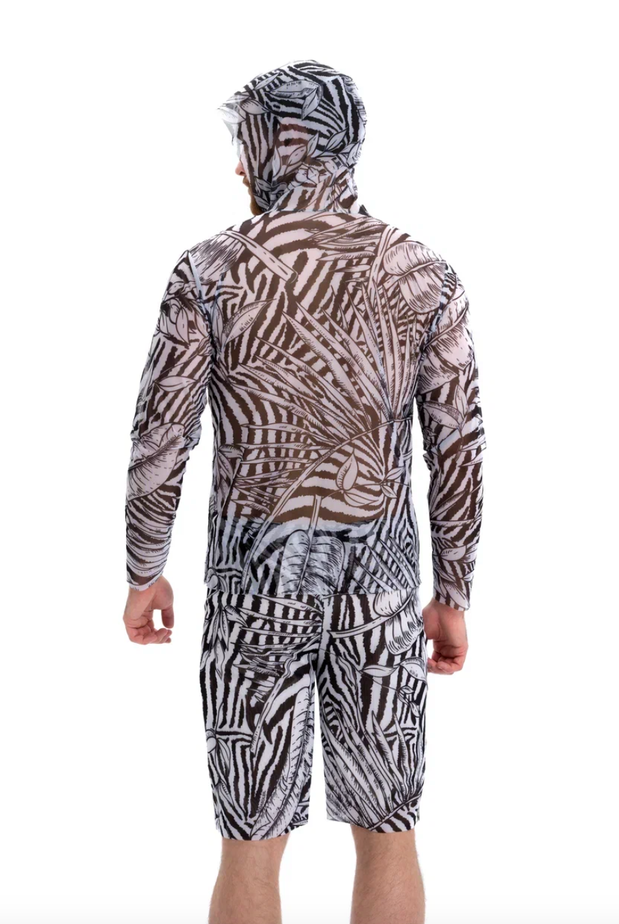 Explore our sustainable men's swimwear collection featuring a Zebra print beach t-shirt with a hood and SPF35 protection. Designed for classic luxury and eco-friendly style, it offers both comfort and sun protection
