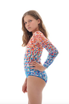 This file features sustainable kids' swimsuits with a vibrant Confetti print. Designed with sleeves and SPF35 protection, these swimsuits offer classic luxury and safety, ensuring comfort and style for your child.