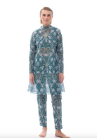 This file contains a description of a tan-through, innovative, sustainable burkini set with an Irises print. It includes a top, leggings, and tunic, offering classic luxury for modest fashion. Shop now!