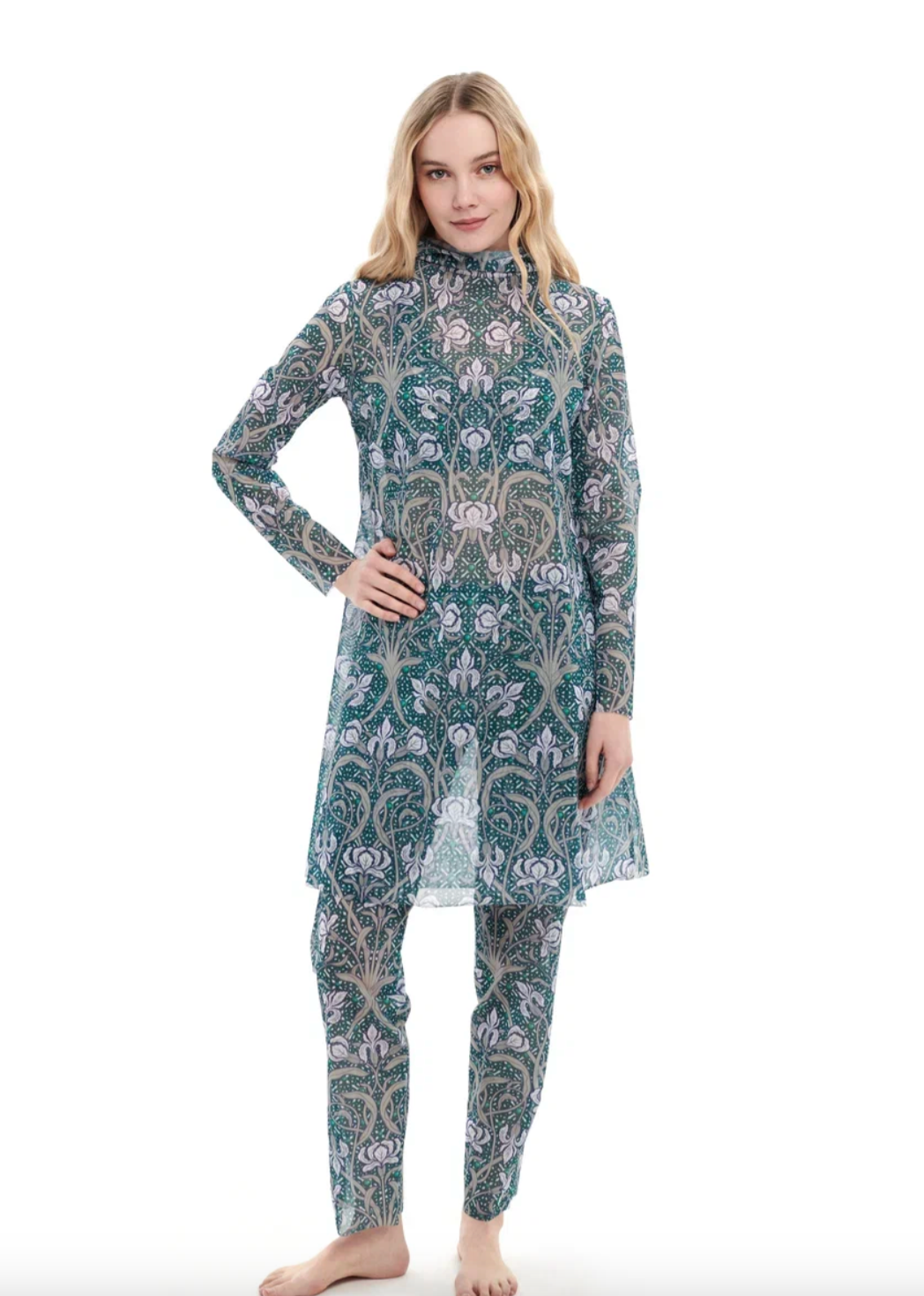 This file contains a description of a tan-through, innovative, and sustainable burkini set with an Irises print. The set includes a top, leggings, and tunic, offering classic luxury for modest fashion. Shop now!