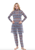 This file describes a Marrakesh print burkini set that is tan-through, innovative, and sustainable. The set includes a top, leggings, and tunic, offering classic luxury for modest fashion. Shop now!