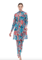 This file contains a description of a tan-through, innovative, sustainable burkini set with a Seaunicorns print. The set includes a top, leggings, and a tunic, offering classic luxury for modest fashion. Shop now!