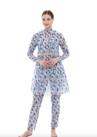 This file contains a description of a tan-through, innovative, and sustainable burkini set with a Strelitzia print. The set includes a top, leggings, and tunic, providing classic luxury for modest fashion. Shop now!