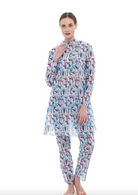 This file contains a description of a tan-through, sustainable burkini set with a Strelitzia print. It includes a top, leggings, and tunic, offering innovative classic luxury for modest fashion. Shop now!