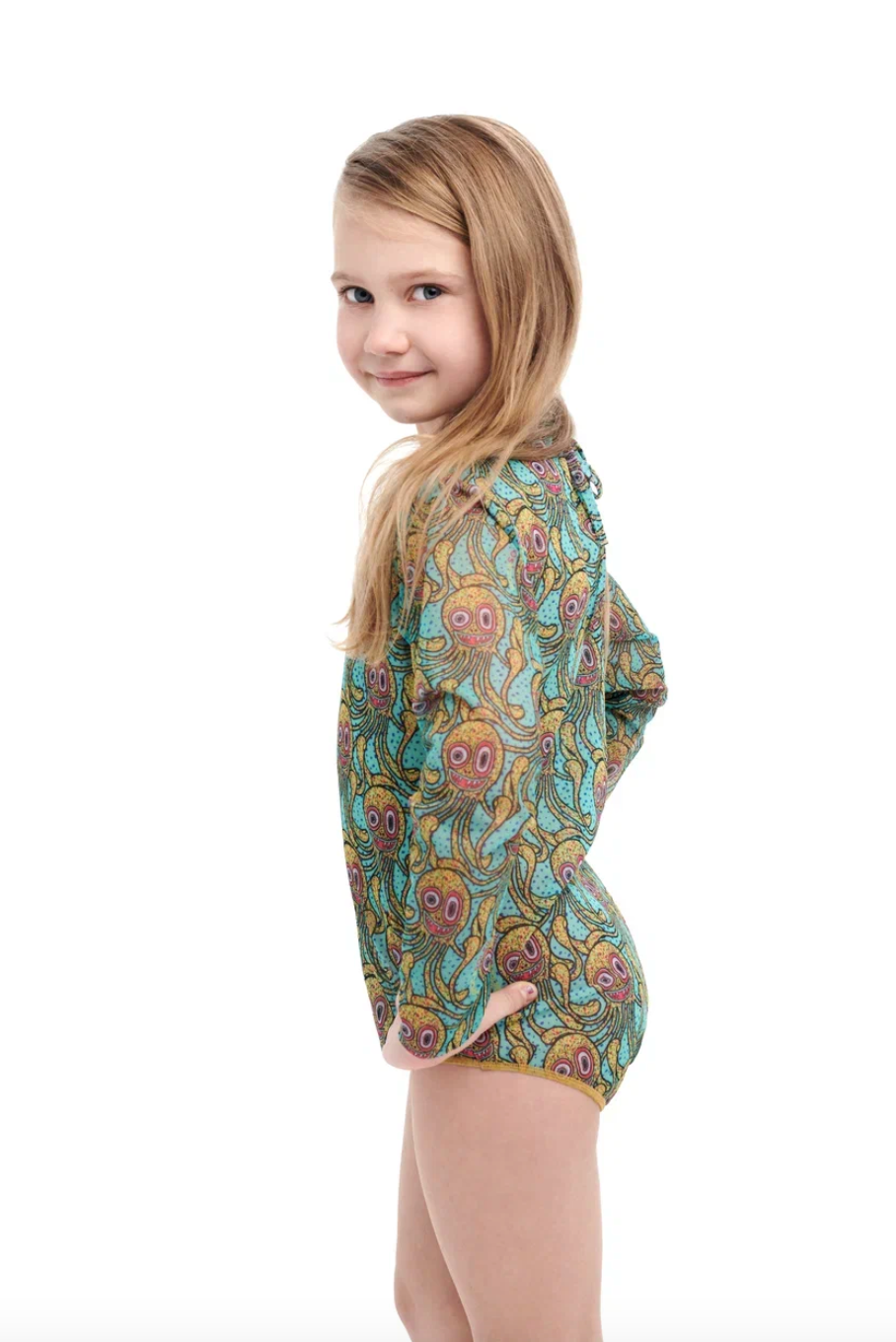 Explore our Octopus print kids swimsuits with sleeves, offering SPF35 protection. Designed for classic luxury and safety, these eco-friendly swimsuits ensure your child enjoys stylish and secure beachwear. Shop now!