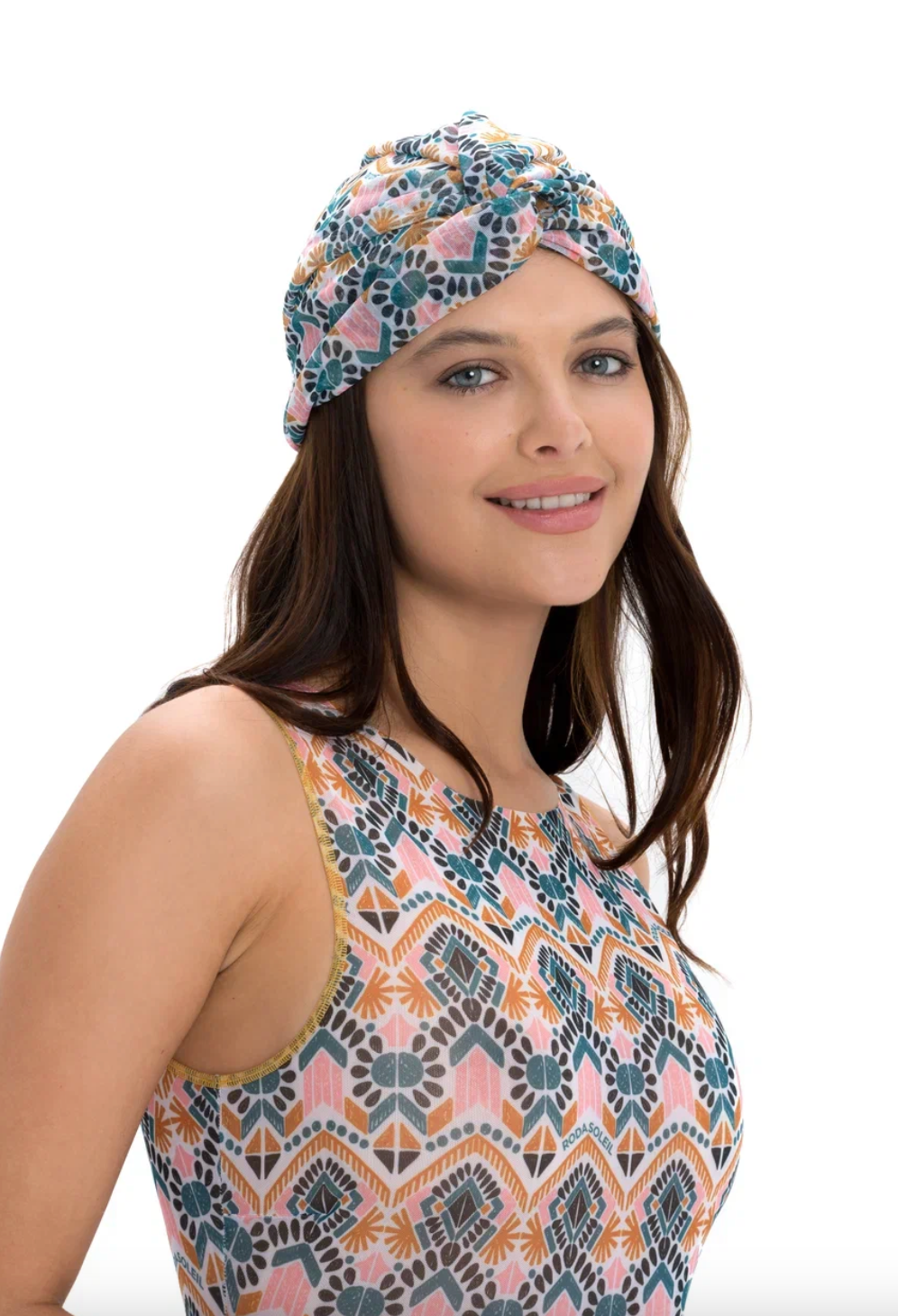 This file contains a description of a CASABLANCA print Turban that is tan-through, innovative, and sustainable. One size fits all, providing classic luxury for modest fashion. Includes a call to action to shop now for stylish, eco-friendly elegance and sun protection.