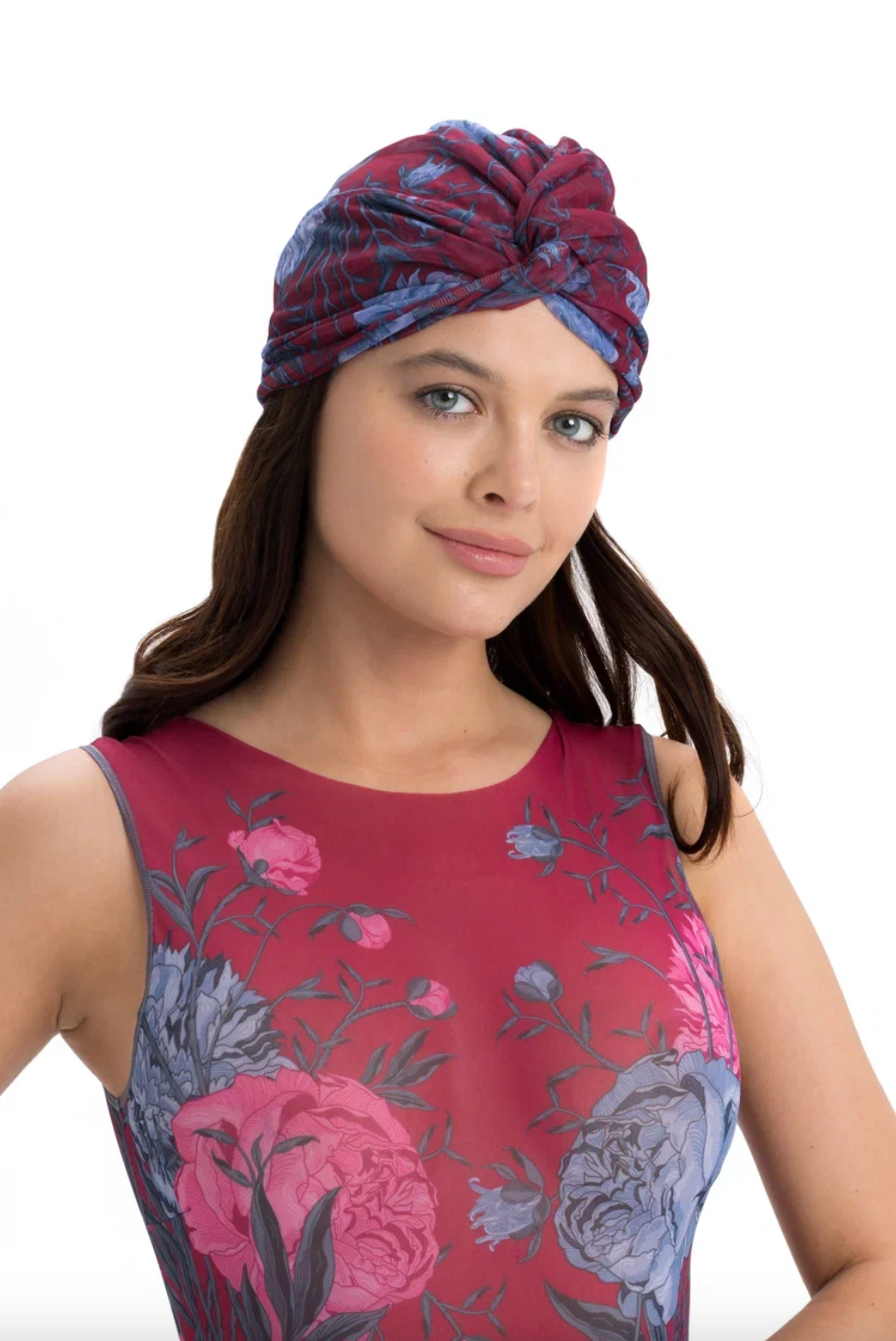 This file contains a description of the PEONIES print turban, one size fits all. It offers classic luxury for modest fashion and includes a call to action to shop now for elegant, eco-friendly headwear.