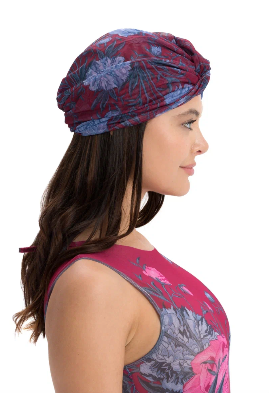 This file describes the PEONIES print turban, offering classic luxury for modest fashion. The one-size-fits-all design combines style and sustainability. Shop now for this elegant, eco-friendly headwear.