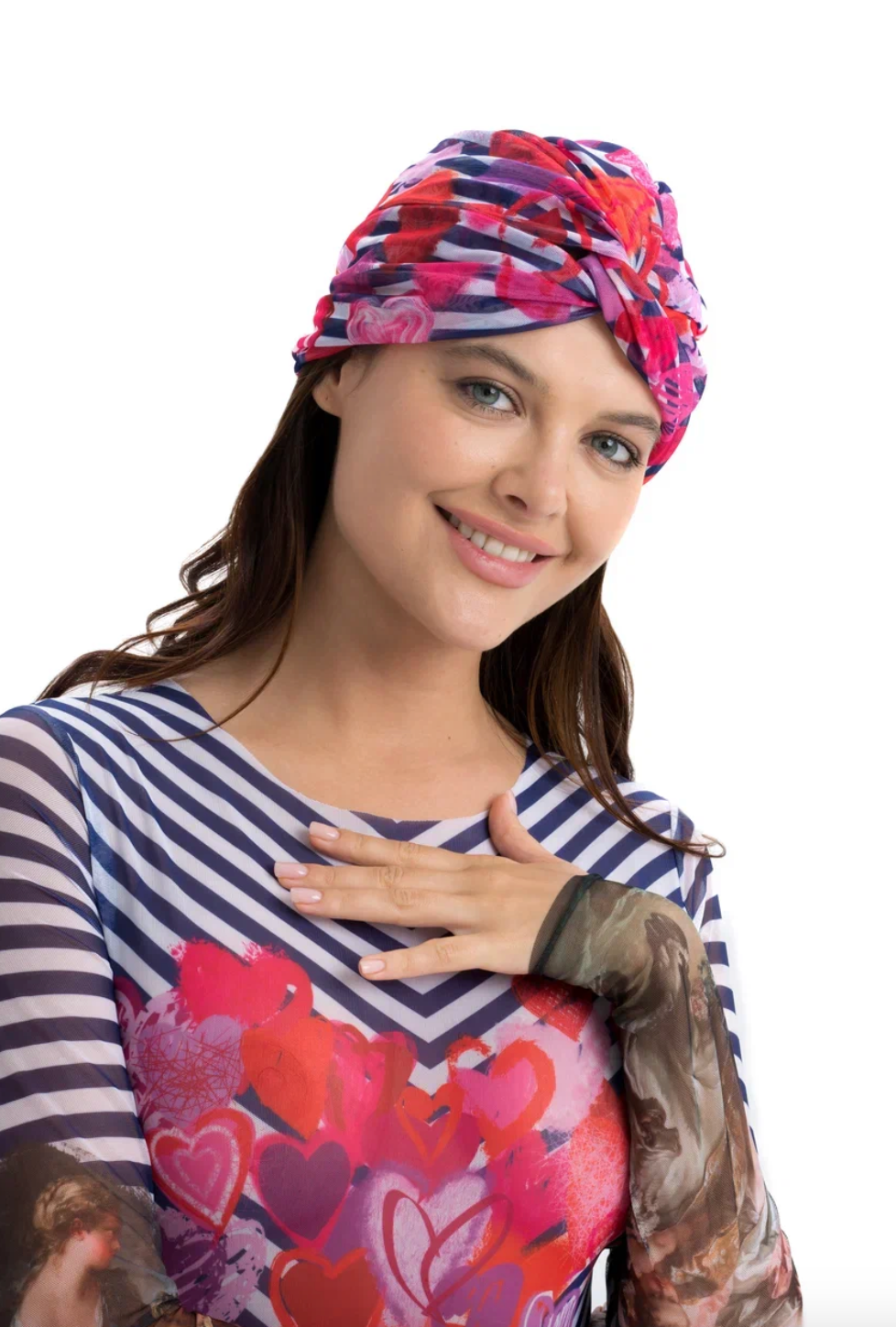 This file contains a description of the STRIPES print turban, one size fits all. It offers classic luxury for modest fashion and includes a call to action to shop now for elegant, eco-friendly headwear.