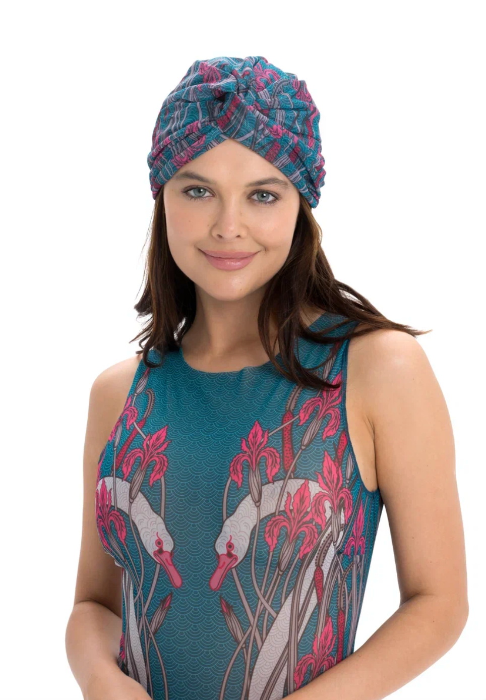 This file describes the SWANS print turban, which is one size fits all. It combines fashion and function, providing classic luxury for modest fashion. Encourages shopping now for stylish, eco-friendly headwear.