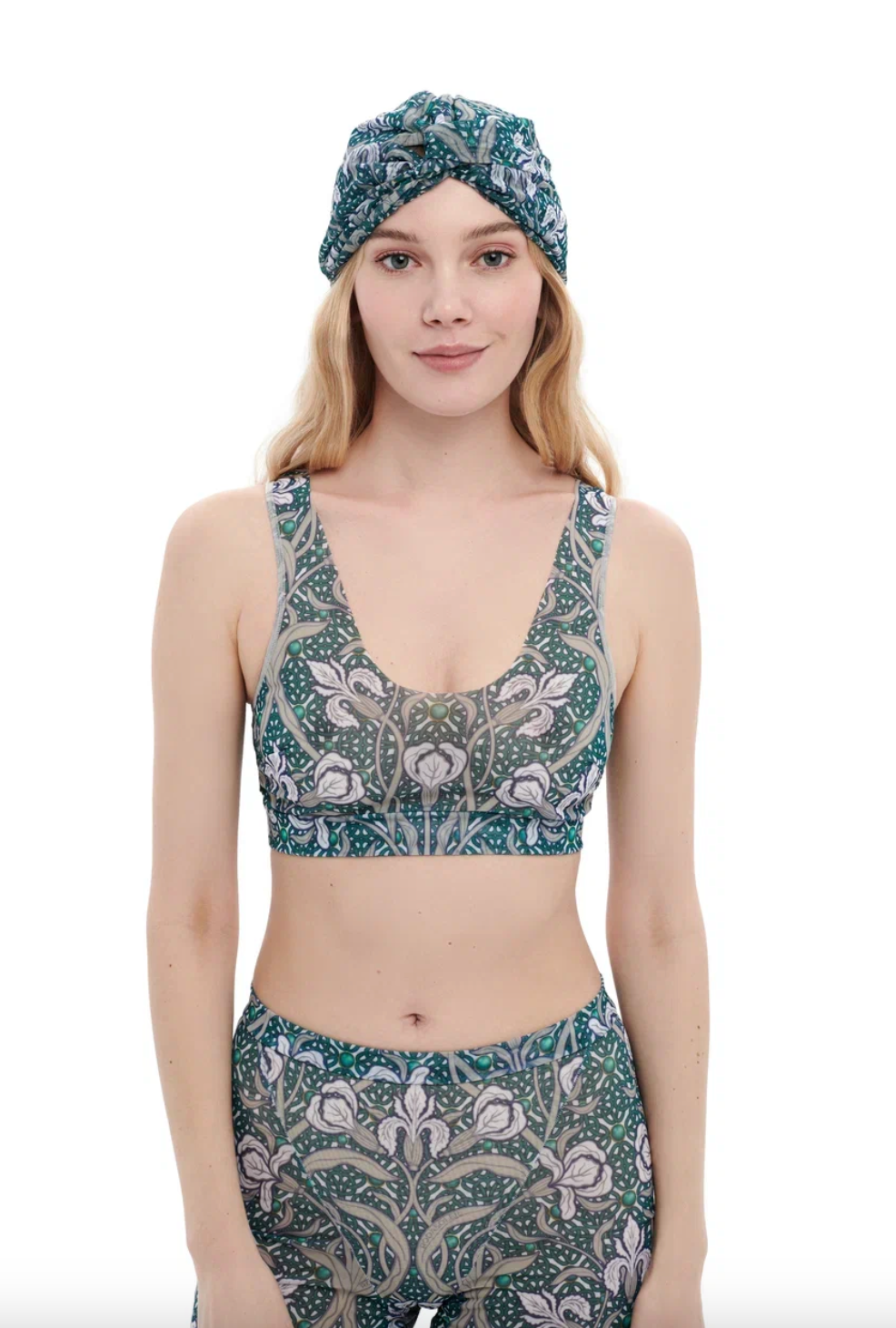 This file contains a description of the IRISES print turban, one size fits all. It offers classic luxury for modest fashion and includes a call to action to shop now for elegant, eco-friendly headwear.