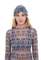 This file describes the MARAKKESH print turban, which is one size fits all. It combines fashion and function, providing classic luxury for modest fashion. Encourages shopping now for stylish, eco-friendly headwear.