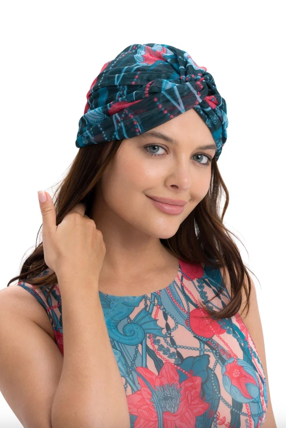 This file contains a description of the SEAUNICORNS print turban, one size fits all. It offers classic luxury for modest fashion and includes a call to action to shop now for elegant, eco-friendly headwear.